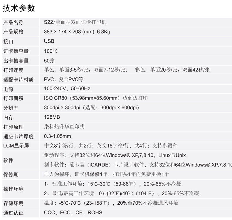 颯瑞S22證卡打印機